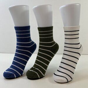 Womens Striped Ankle Socks Pack of 3 Ribbed Cuff Blue Green White